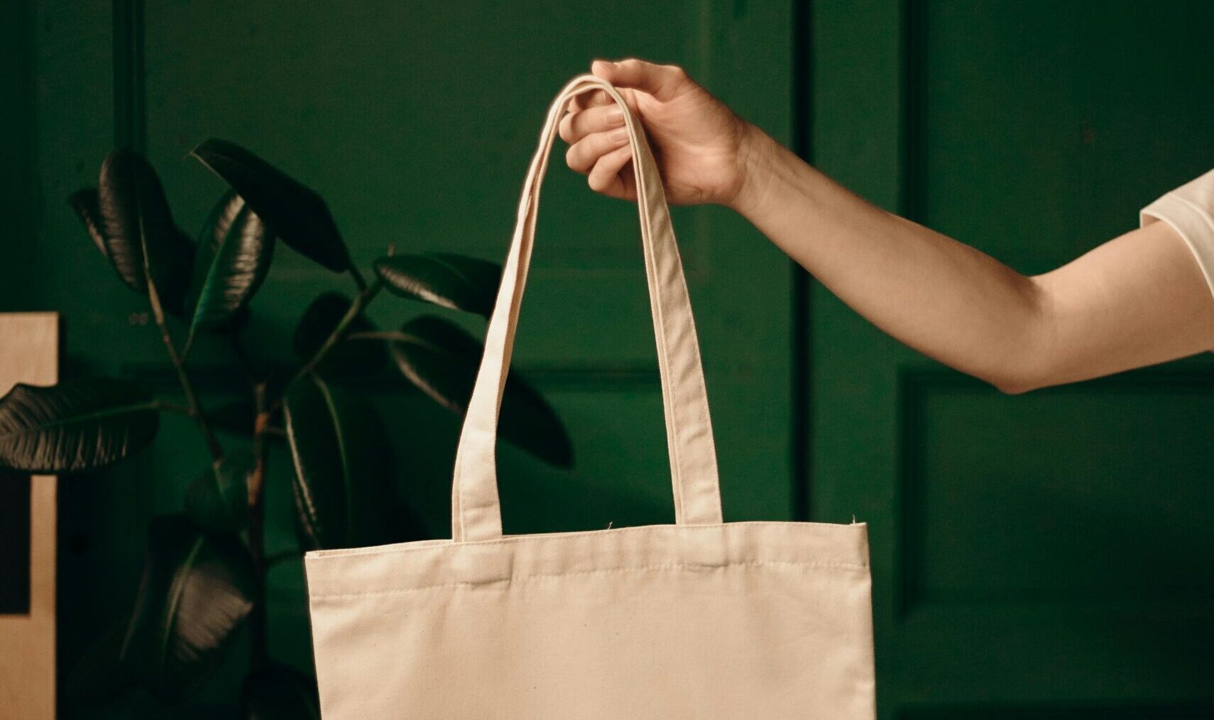 Simple cotton tote bag held by a hand against a green background, ideal for eco themes.